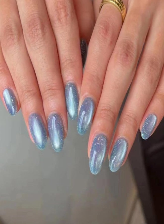 TOGZOM Blue Press on Nails Short Oval Fake Nails Ombre Bling Glitter Acrylic False Nails Shiny Glossy Glue on Nails Short Almond Nails Kit for Women Manicure Art 24 Pcs - Image 1